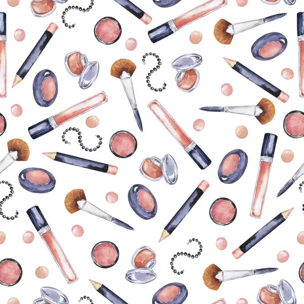 Seamless pattern with makeup, brushes and black bracelets on white background. Hand drawn watercolor illustration.