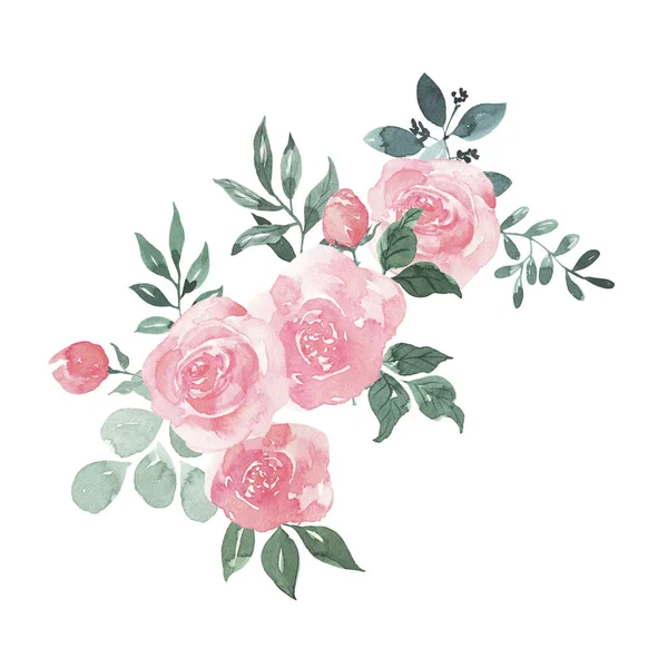 Pastelowy Różany Bukiet Kwiatowy Izolowany Białym Tle Ręcznie Rysowane Ilustracja — Zdjęcie stockowe