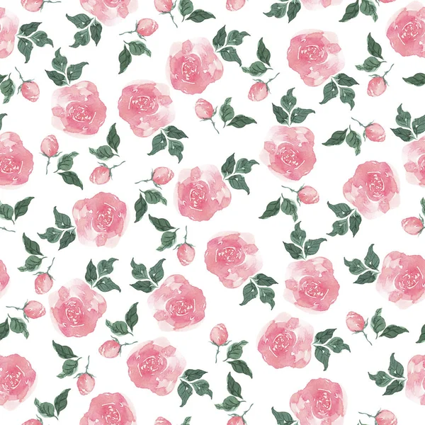 无缝隙图案 白色背景上有点缀的粉红玫瑰和绿叶 手绘水彩画 — 图库照片