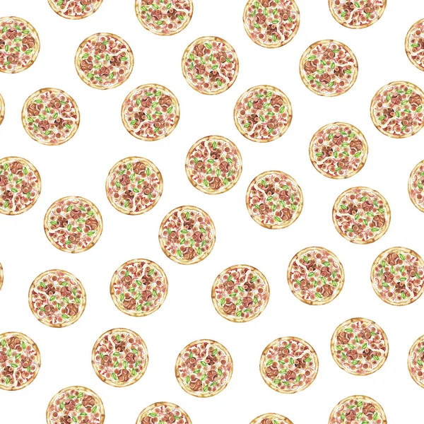 Seamless Pattern Sausage Pizzas White Background Hand Drawn Watercolor Illustration — 스톡 사진