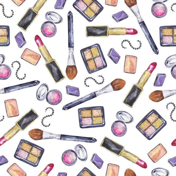 Seamless pattern with decorative cosmetic, lipsticks, brushes and dark bracelets on white background. Hand drawn watercolor illustration.