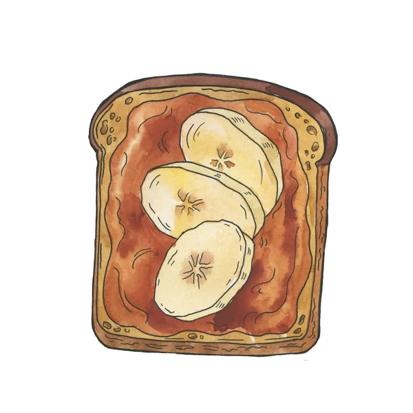 白を基調にしたピーナッツバターとバナナサンド 手描き水彩 水墨画 — ストック写真
