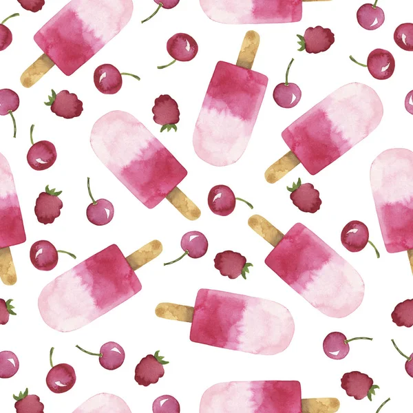 Patrón Sin Costuras Con Paleta Fruta Fresca Baya Rosa Sobre — Foto de Stock