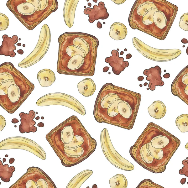 Seamless Pattern Bananas Peanut Butter Sandwich White Background Hand Drawn — 스톡 사진