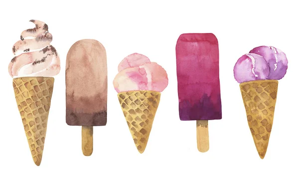 Набір Фруктів Ванільного Ягідного Шоколадного Морозива Ізольовано Білому Тлі Ручна — стокове фото