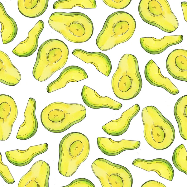 Nahtloses Muster Mit Kritzelfrischen Avocadostücken Auf Weißem Hintergrund Handgezeichnete Aquarell — Stockfoto