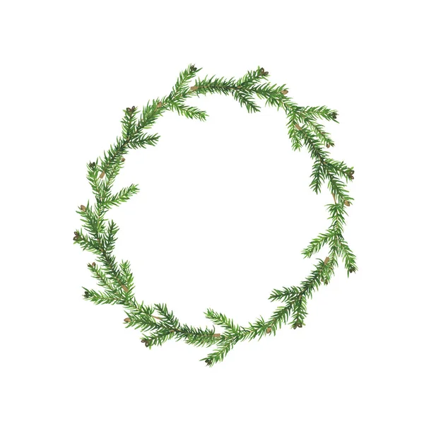 Grüne Kiefernzweige Runden Rahmen Isoliert Auf Weißem Hintergrund Handgezeichnete Aquarell — Stockfoto