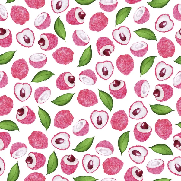 Seamless Pattern Pink Fresh Lychee Green Leaves White Background Hand — 스톡 사진