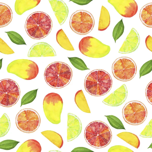 Seamless pattern with fresh mango and grapefruit slices on white background. Hand drawn watercolor illustration.