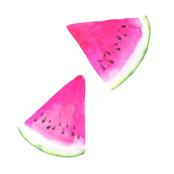 Frische Wassermelonenstücke Isoliert Auf Weißem Hintergrund Handgezeichnete Aquarell Illustration — Stockfoto