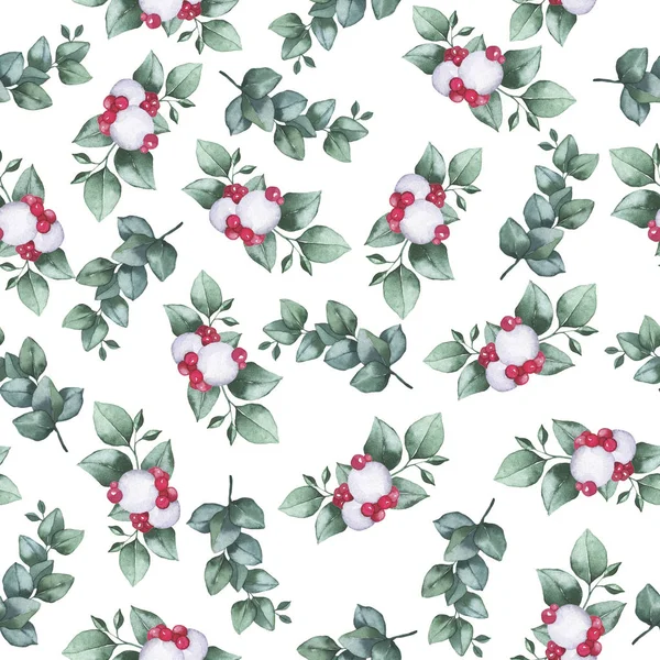 Naadloos Patroon Met Groene Eucalyptusbladeren Rode Witte Bessen Witte Achtergrond — Stockfoto