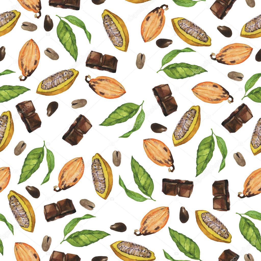 Seamless pattern with wild cocoa pos, seeds, green leaves and chocolate pieces on white background. Hand drawn watercolor illustration.