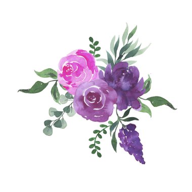 Violet, pembe ve mor çiçekler ve yeşil yapraklar beyaz arka planda izole edilmiş. El çizimi suluboya çizimi.