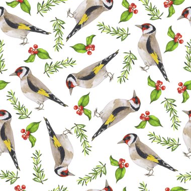 Saka kuşu, çam dalı ve kırmızı böğürtlenli yeşil yapraklı kusursuz desen. El çizimi suluboya çizimi.