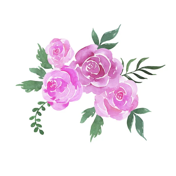 Cartoon pink rose flowers and green leaves bouquet isolated on white background. Hand drawn watercolor illustration.