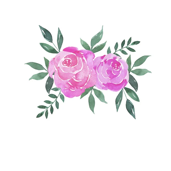 Doodle Rosa Rosa Fiori Foglie Verdi Bouquet Isolato Sfondo Bianco — Foto Stock