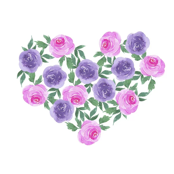 Dekorative Lila Und Rosa Rosenblüten Und Grüne Blätter Herz Isoliert — Stockfoto