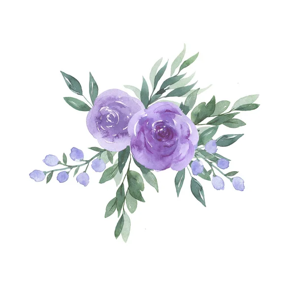Фіолетові Фіолетові Квіти Зелене Листя Букет Ізольовані Білому Тлі Ручна — стокове фото