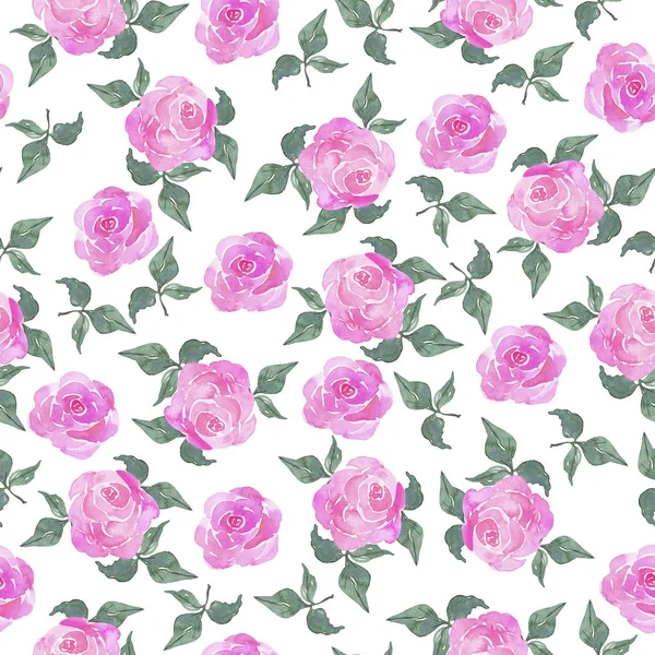 Безшовний Візерунок Декоративними Рожевими Трояндами Зеленими Гілками Білому Тлі Ручна — стокове фото