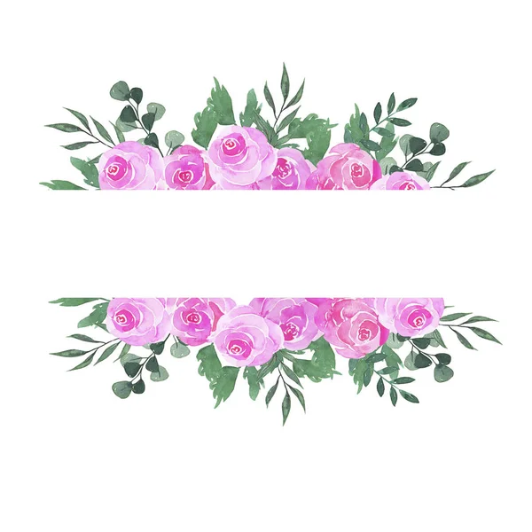 Decorative pink rose flowers and green leaves border isolated on white background. Hand drawn watercolor illustration.