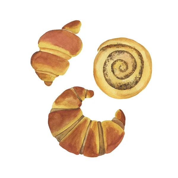 Sada Čerstvých Pekáren Skořicová Rolka Brioška Croissant Izolované Bílém Pozadí — Stock fotografie