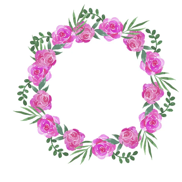 卡通粉红玫瑰花和绿色叶子的圆形框架孤立在白色的背景 手绘水彩画 — 图库照片