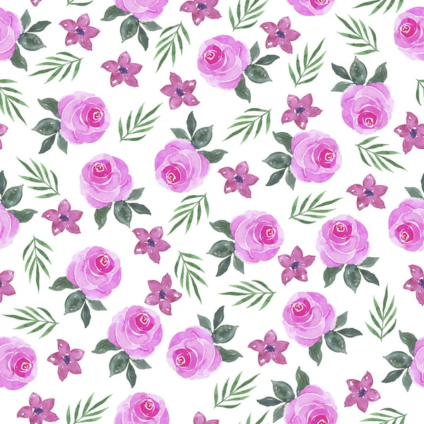Безшовний Візерунок Декоративними Рожевими Квітами Зеленими Гілками Білому Тлі Ручна — стокове фото