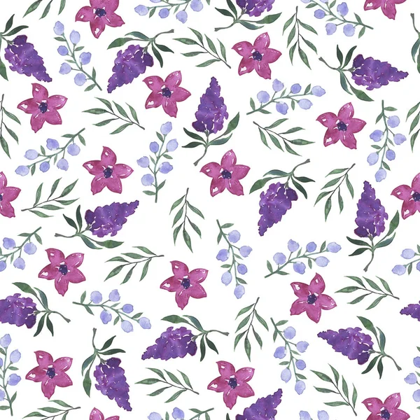 Naadloos Patroon Met Doodle Bladeren Blauwe Bloemtakken Roze Bloemen Violette — Stockfoto