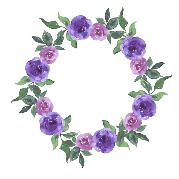 Мультяшний Фіолетовий Фіолетовий Троянди Квіти Зелене Листя Круглої Рамки Ізольовані — стокове фото