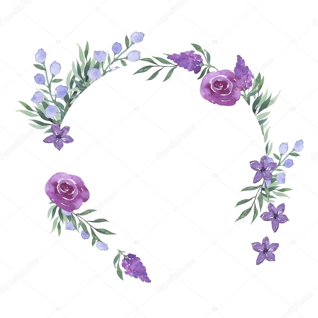 Decorative purple roses and garden flowers and green leaves frame isolated on white background. Hand drawn watercolor illustration.