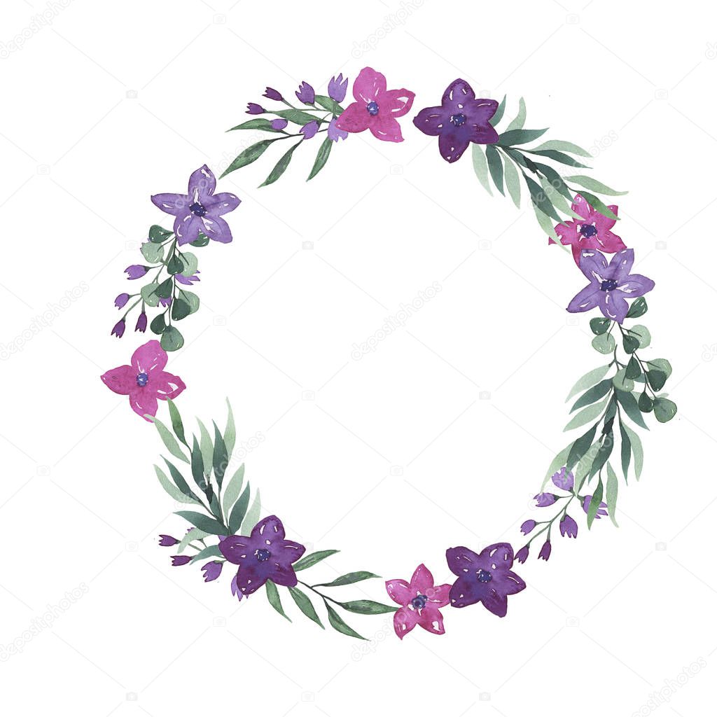 Cartoon pink, purple and violet flowers and green leaves round frame isolated on white background. Hand drawn watercolor illustration.