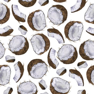 Beyaz arka planda hindistan cevizi parçaları olan kusursuz desen. El çizimi suluboya çizimi.