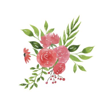 Kırmızı çiçekler ve yeşil yapraklar beyaz arka planda izole edilmiş dekoratif buket. El çizimi suluboya çizimi.