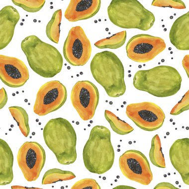 Kusursuz desenli, beyaz arka planda taze papaya meyvesi. El çizimi suluboya çizimi.