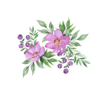 Pembe çiçekler, mor böğürtlenler ve yeşil yapraklar beyaz arka planda izole edilmiş dekoratif buket. El çizimi suluboya çizimi.