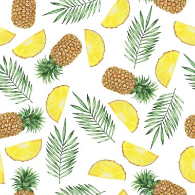 Taze sarı ananas ve beyaz arka planda yeşil palmiye yapraklarıyla kusursuz desen. El çizimi suluboya çizimi.