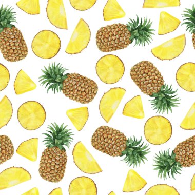 Taze sarı ananas ve beyaz arka planda meyve dilimleri olan kusursuz bir desen. El çizimi suluboya çizimi.