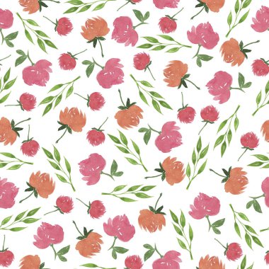 Kusursuz desenli, karalama kırmızısı ve turuncu çiçekli ve beyaz arka planda taze yeşil yapraklı. El çizimi suluboya çizimi.