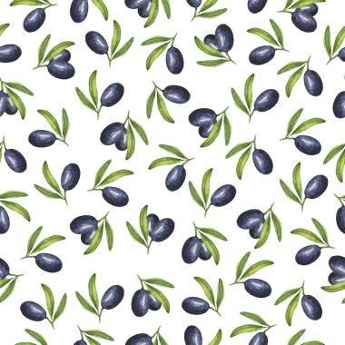 Koyu zeytin dalları ve yeşil yapraklar beyaz arka planda pürüzsüz desen. El çizimi suluboya çizimi.