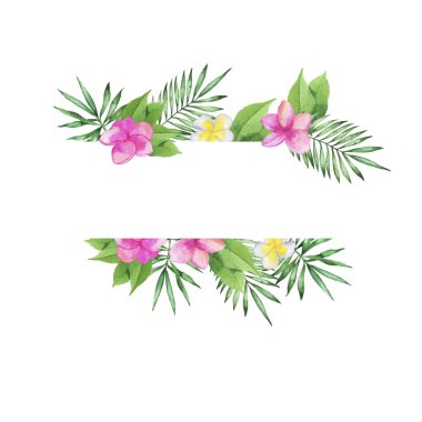 Tropik çiçekler ve dekoratif sınır beyaz arka planda izole edilmiş. Tebrik kartı ya da düğün davetiyesi için tasarım. El çizimi suluboya çizimi.