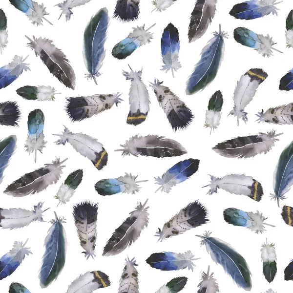 Płynny Wzór Dzikimi Ciemnymi Piórami Ptaków Białym Tle Ręcznie Rysowane — Zdjęcie stockowe