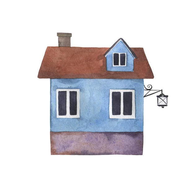 Cute Blue Country House Isolated White Background Hand Drawn Watercolor — Stock Photo, Image