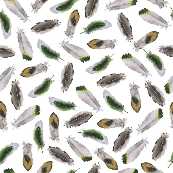 白い背景に緑と灰色の野生の鳥の羽を持つシームレスなパターン 手描き水彩画 — ストック写真