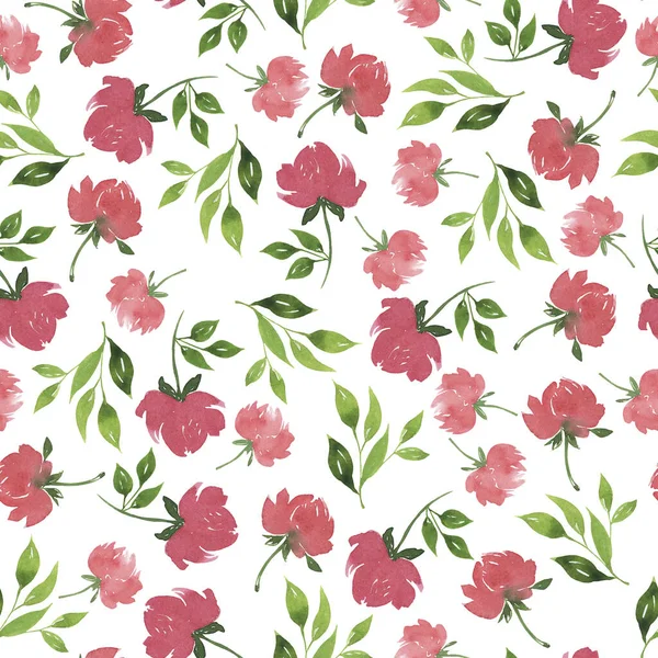 Naadloos Patroon Met Doodle Rode Bloemen Frisse Groene Bladeren Witte — Stockfoto