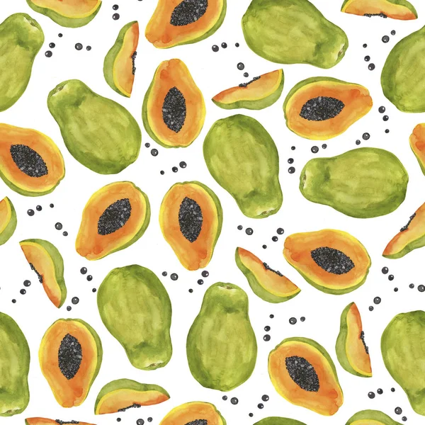 Sömlös Mönster Med Färsk Papaya Frukt Vit Bakgrund Handritad Akvarell — Stockfoto