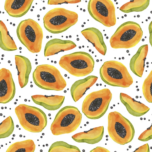 Naadloos Patroon Met Verse Papaya Vruchtenschijfjes Witte Achtergrond Met Hand — Stockfoto