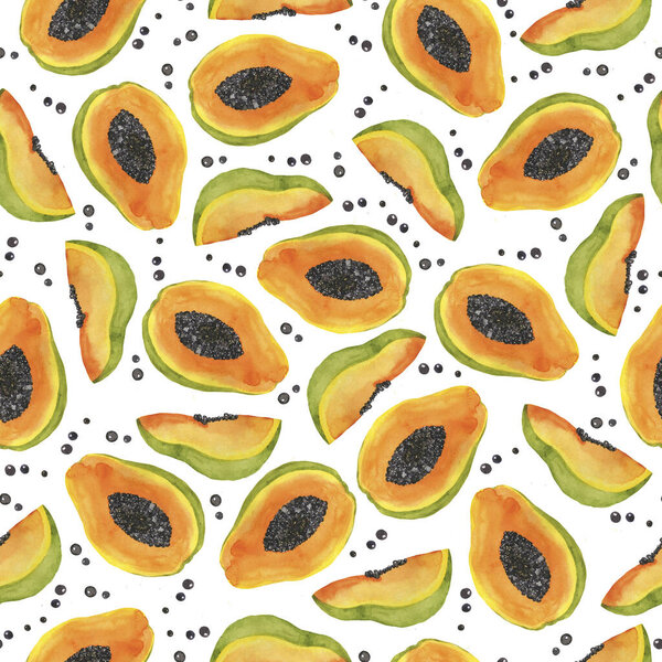 Бесшовный узор со свежими плодами папайи скользит на белом фоне. Рисунок акварелью.