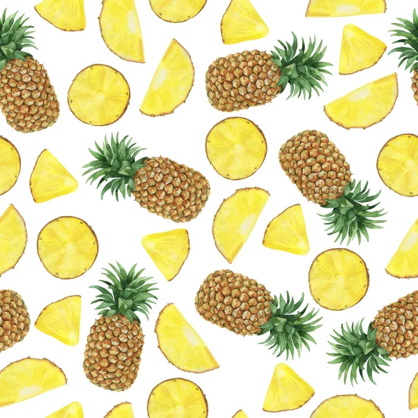 Naadloos Patroon Met Verse Gele Ananas Vruchtenschijfjes Witte Achtergrond Met — Stockfoto