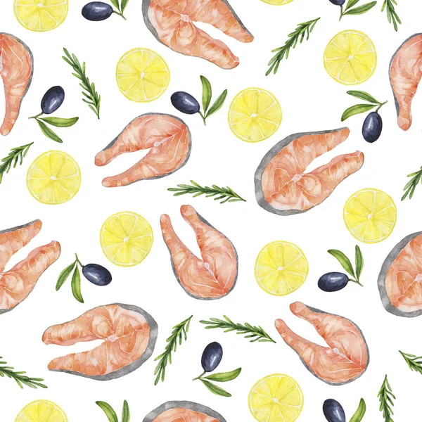 Seamless Pattern Fresh Salmon Steak Green Rosemary Fresh Lemon Dark — Stock Photo, Image