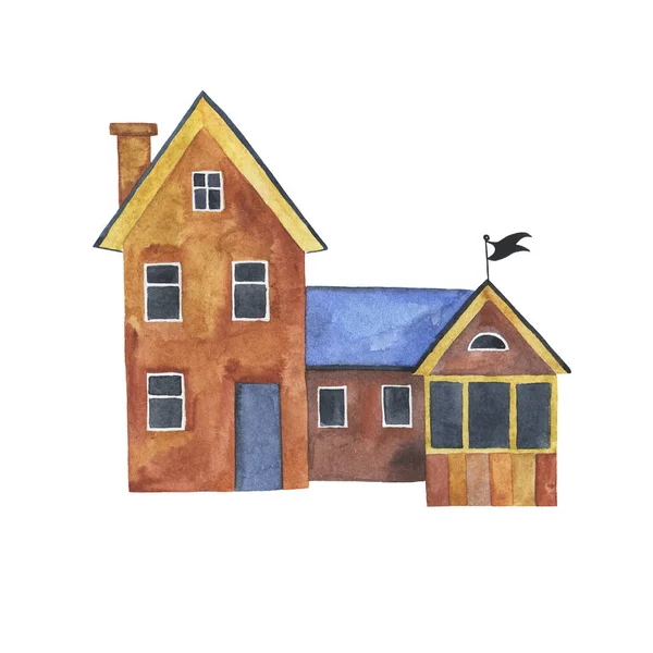Decorative Brown House Blue Roof Isolated White Background Hand Drawn — Stock Photo, Image